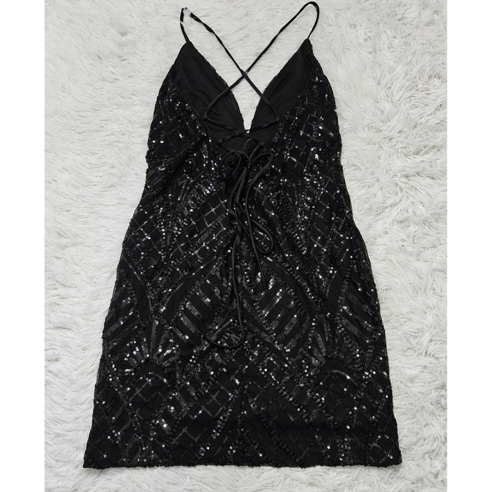 Lulus Women's Sz S Black Sequin Sleeveless Plunge Neck Sexy Mini Dress Clubwear - Picture 5 of 10